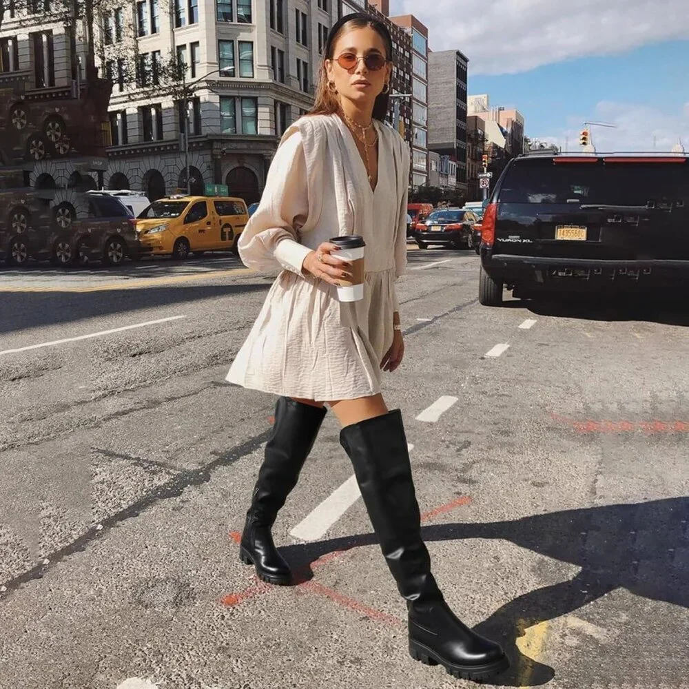 Women Synthetic Platform Over The Knee Lug Sole Chunky Heel Curve-friendly Boots